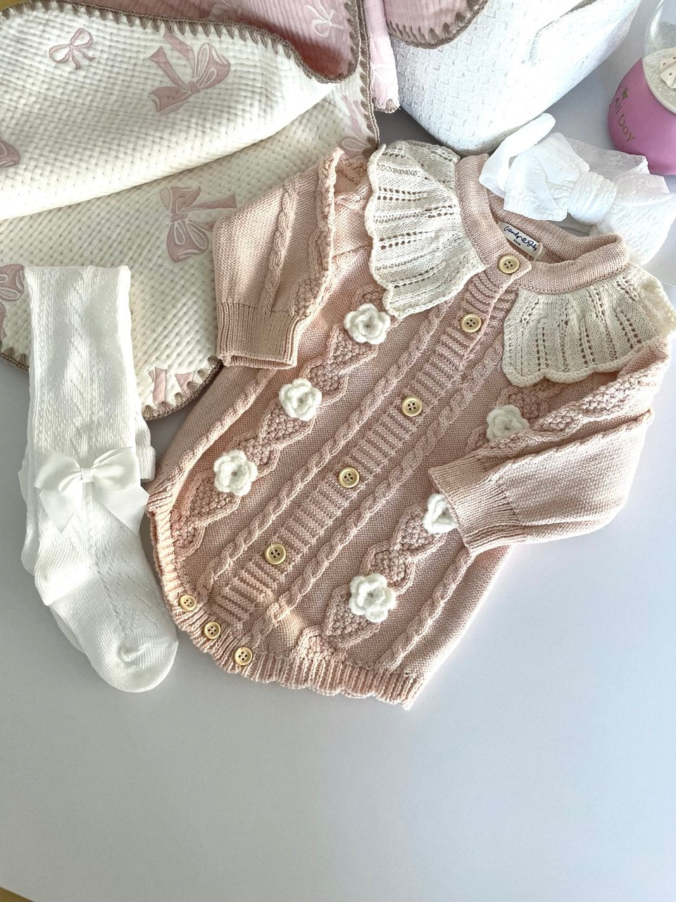 The "Vintage Rose" Premium Knitted Gift Basket | Quilted Organic Muslin Blanket & Bodysuit Se