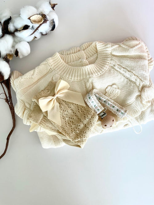 Sweet Peony Cotton Knit Set – Milestone Outfit & Gift Box